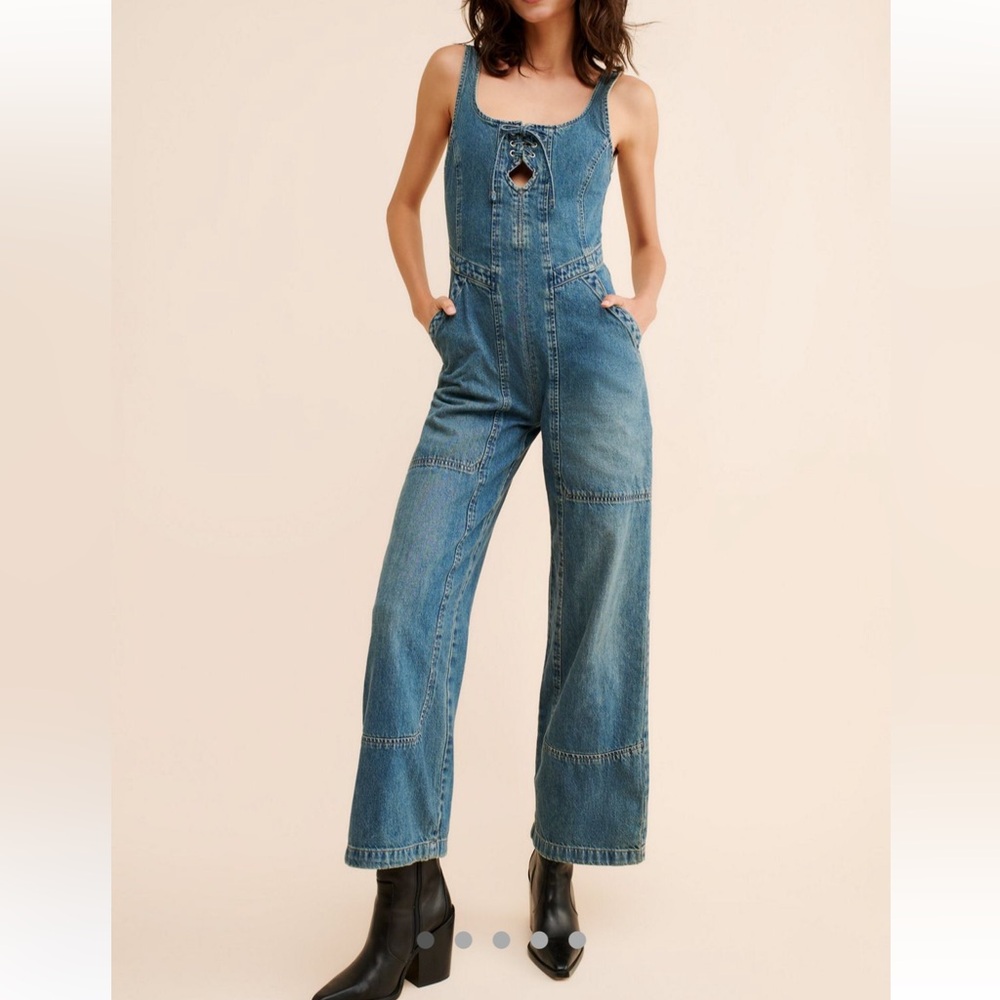 Free People Medium Blue Denim Wide-Leg Jumpsuit with Keyhole